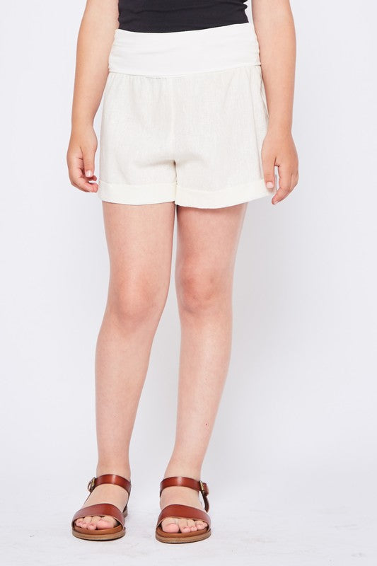 KIDS SIZE LINEN SHORTS WITH KNIT FOLD OVER WAIST